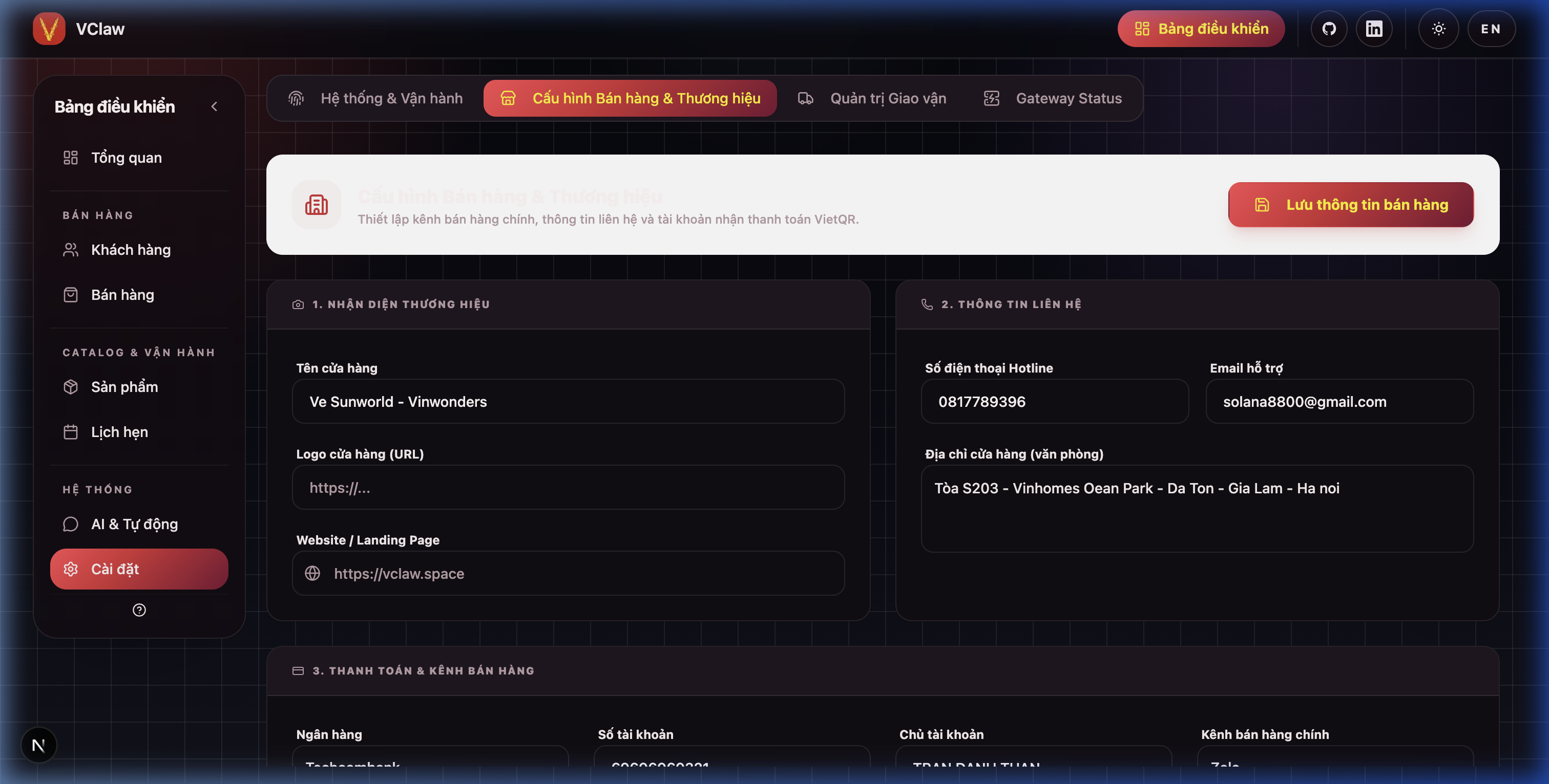 Shop & Bank Info